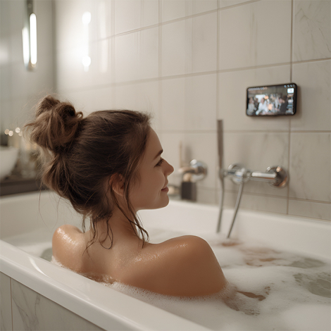 Femme dans une baignoire face à un smartphone fixé sur un mur sans personnalisation visible