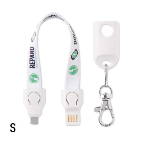 Lanyard présenté avec ses éléments démontés comprenant câble de charge intégré, sangle imprimée et mousqueton amovible avec pers