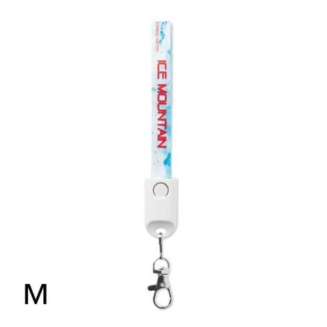 Lanyard vu de face avec impression en sublimation bleu clair et texte rouge visible sur la sangle