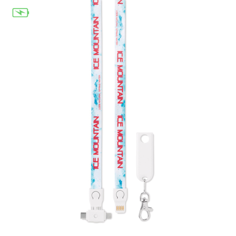 Lanyard vu de face avec impression bleu clair et texte rouge répété sur toute la longueur avec personnalisation visible