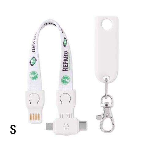 Lanyard présenté avec connecteurs de charge intégrés, sangle imprimée et mousqueton amovible avec personnalisation visible