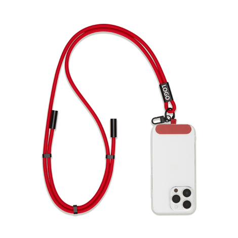Tour de cou rouge avec câble de charge intégré présenté à plat, avec mousqueton noir, adaptateur pour smartphone et marquage tex