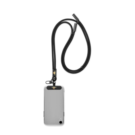 Tour de cou noir réglable avec câble de charge intégré et smartphone suspendu avec marquages visibles sur l’embout du cordon et 
