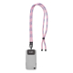 Cordon pour téléphone en polyester rose porté en bandoulière, équipé de deux mousquetons noirs et d’une languette de fixation po