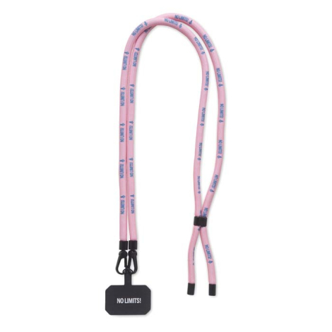 Vue de face d’un cordon pour téléphone en polyester rose avec deux mousquetons noirs et languette de fixation présentant un marq