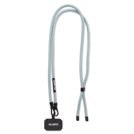 Cordon pour téléphone en polyester bleu clair avec mousquetons noirs et languette de fixation comportant un marquage texte visib