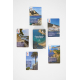 Vue du jeu de cartes personnalisé avec plusieurs cartes réparties autour de l’étui, chacune illustrée par une photographie visib Vue du jeu de cartes personnalisé avec plusieurs cartes réparties autour de l’étui, chacune illustrée par une photographie visib