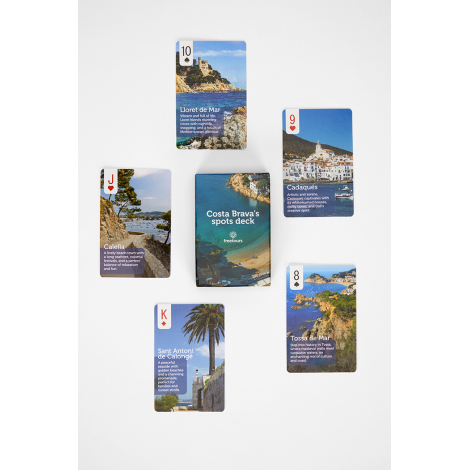 Vue du jeu de cartes personnalisé avec plusieurs cartes réparties autour de l’étui, chacune illustrée par une photographie visib