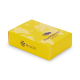 Boîte de rangement jaune personnalisée pour jeu de cartes avec graphisme visible sur les faces extérieures Boîte de rangement jaune personnalisée pour jeu de cartes avec graphisme visible sur les faces extérieures