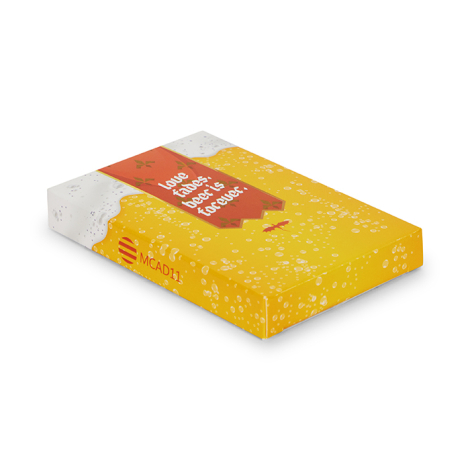 Boîte de rangement jaune personnalisée pour jeu de cartes avec graphisme visible sur les faces extérieures