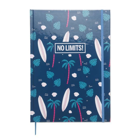Cahier à couverture rigide avec motif graphique imprimé sur la couverture et fermeture par élastique assorti avec personnalisati