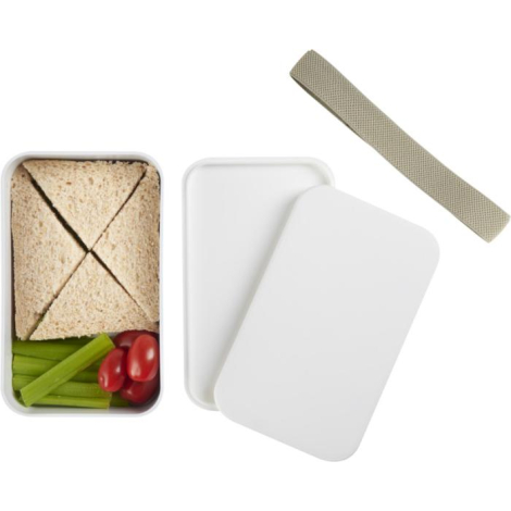 Boîte à déjeuner présentée ouverte avec son couvercle retiré, laissant apparaître un sandwich découpé et quelques légumes dispos
