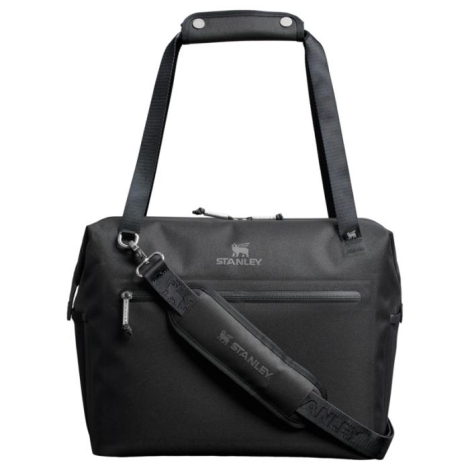Sac isotherme noir présenté de face avec bandoulière réglable, poche zippée en façade et compartiment principal fermé, sans pers