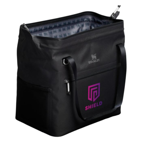 Sac isotherme noir présenté ouvert en vue de trois quarts, laissant apparaître son compartiment intérieur, avec marquage visible