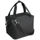 Vue de trois quarts arrière du mini-sac isotherme noir mettant en évidence la fixation de la bandoulière et la structure du sac.