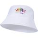 Chapeau de soleil blanc vu de face, avec une personnalisation visible sur la partie avant de la calotte. Chapeau de soleil blanc vu de face, avec une personnalisation visible sur la partie avant de la calotte.