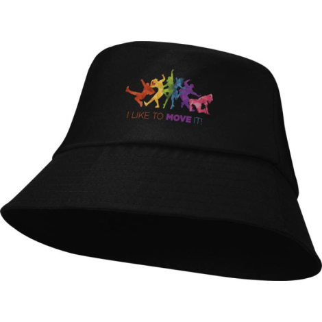 Chapeau de soleil noir vu de face, intégrant un marquage apparent sur la partie avant de la calotte.