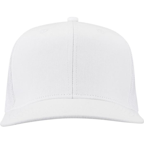 Casquette trucker à 6 panneaux blanche présentée de face, sans personnalisation visible sur la face avant. Les panneaux latéraux