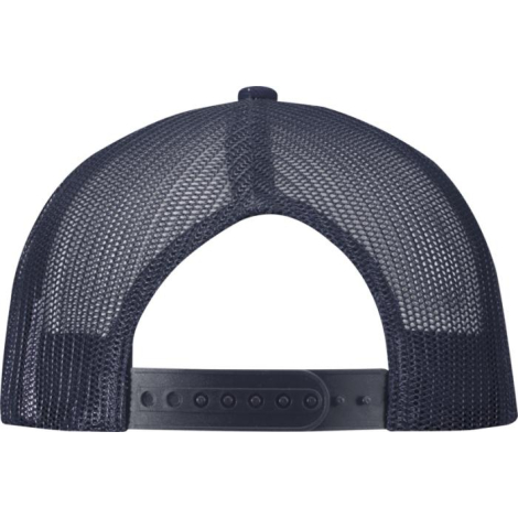 Casquette trucker à 6 panneaux bleu marine présentée de dos, montrant les panneaux arrière en maille filet et la fermeture régla