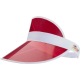 Casquette à visière transparente rouge présentée de trois quarts, avec un marquage apparent sur le côté droit de la bande blanch Casquette à visière transparente rouge présentée de trois quarts, avec un marquage apparent sur le côté droit de la bande blanch