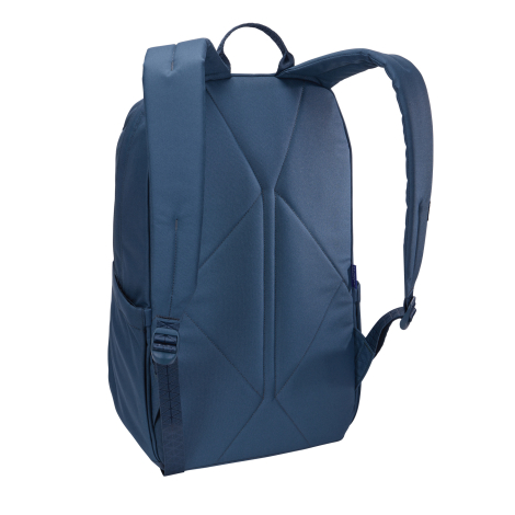 Vue de trois quarts arrière d’un sac à dos bleu mettant en évidence les bretelles matelassées et le panneau dorsal, sans marquag