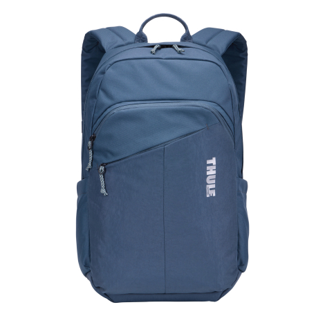 Sac à dos bleu vu de face avec poche frontale zippée et poches latérales, sans personnalisation visible sur la face avant.