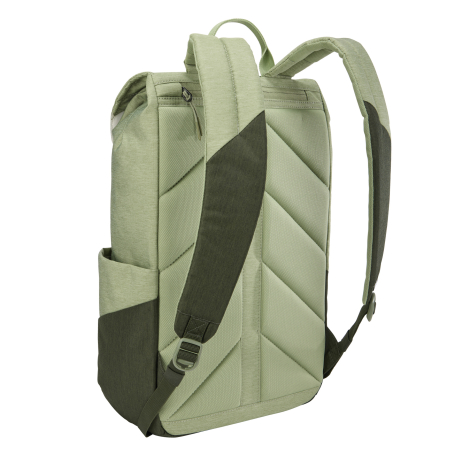 Vue de trois quarts arrière du sac à dos vert mettant en évidence le panneau dorsal et les bretelles matelassées, sans personnal