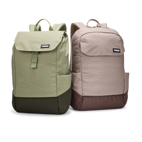 Deux sacs à dos 16 L présentés côte à côte en coloris vert et beige, sans personnalisation visible.