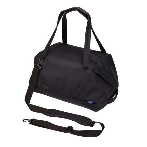 Sac de voyage vu de trois quarts avant avec bandoulière amovible présentée à l'avant du produit, sans marquage visible.
