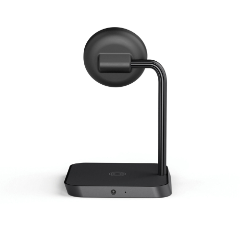 Vue arrière du chargeur de bureau montrant le support magnétique, le socle et le raccordement du bras vertical, présenté sans ma
