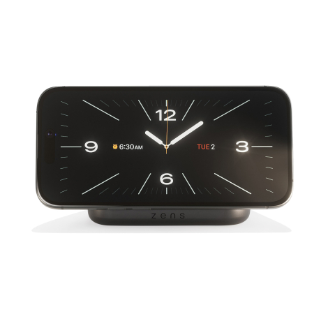 Chargeur magnétique de table de nuit utilisé avec un smartphone fixé à l'horizontale sur la surface de charge, sans marquage vis