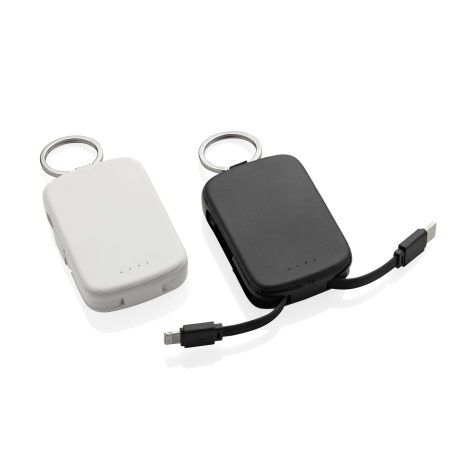 Deux porte-clés powerbank, noir et blanc, présentés côte à côte avec câble de charge intégré déployé, sans personnalisation visi