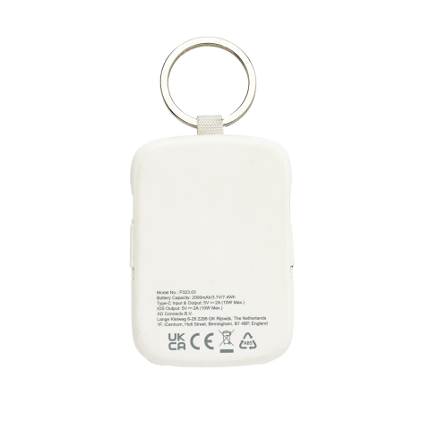Vue arrière d’un porte-clés powerbank blanc avec marquages réglementaires visibles, sans personnalisation apparente.