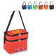 Sac isotherme rouge à double compartiment avec marquages visibles sur le dessus et la poche avant.