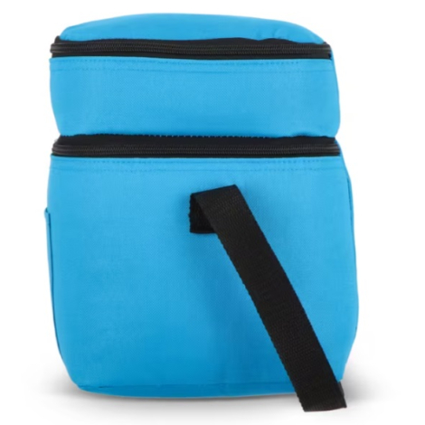 Profil du sac isotherme bleu clair à double compartiment.
