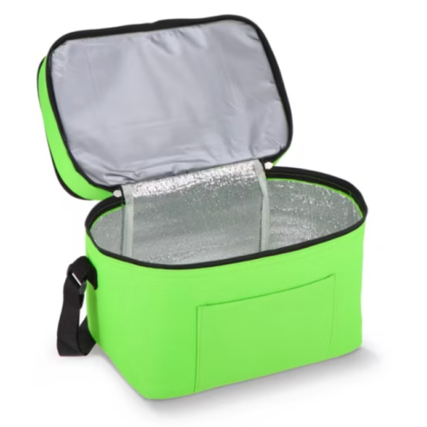 Sac isotherme vert ouvert montrant les deux compartiments et la doublure intérieure en aluminium.