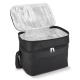 Sac isotherme noir ouvert mettant en évidence les deux compartiments et la doublure intérieure en aluminium.