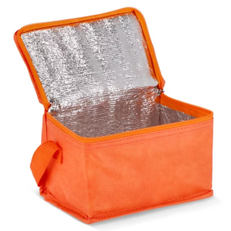 Sac isotherme ouvert en coloris orange montrant la doublure intérieure en feuille d'aluminium.