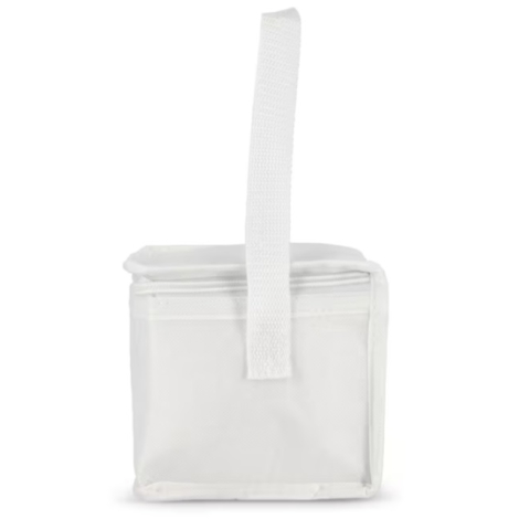 Sac isotherme présenté de profil en coloris blanc, mettant en évidence son format compact et sa poignée de transport.