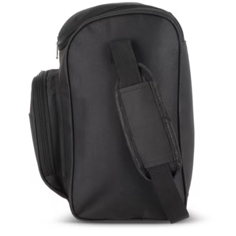 Profil du sac isotherme noir avec bandoulière réglable et poignée de transport.