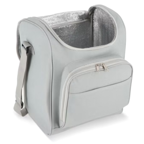 Sac isotherme gris ouvert montrant la large ouverture et la doublure intérieure en aluminium.