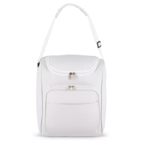 Vue de face du sac isotherme blanc, sans personnalisation visible sur la poche avant.