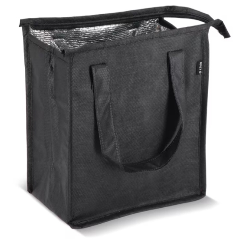 Vue de trois quarts arrière du sac isotherme noir avec doublure intérieure en aluminium visible.