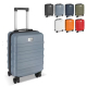 Valise cabine bleue avec marquage visible sur la plaque métallique de la face avant. Valise cabine bleue avec marquage visible sur la plaque métallique de la face avant.
