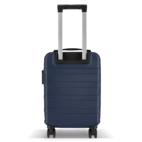Face arrière de la valise cabine bleue avec poignée télescopique déployée.