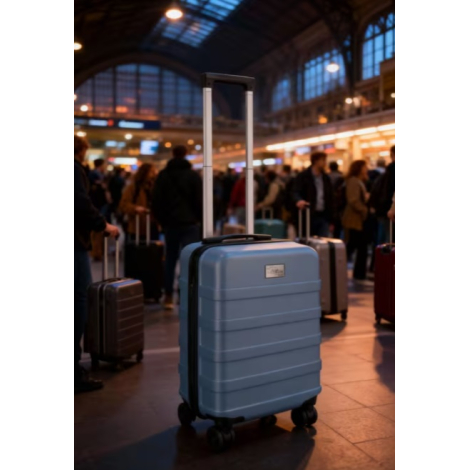 Valise cabine bleue présentée dans un hall de gare.