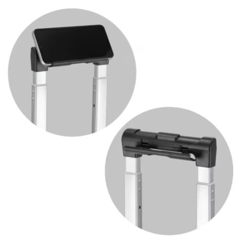 Support pour smartphone intégré à la poignée télescopique de la valise cabine.