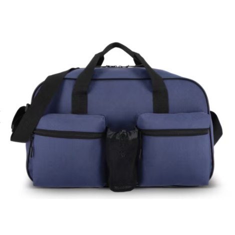 Sac de sport et de voyage présenté de face en coloris bleu, sans personnalisation visible sur les poches avant.