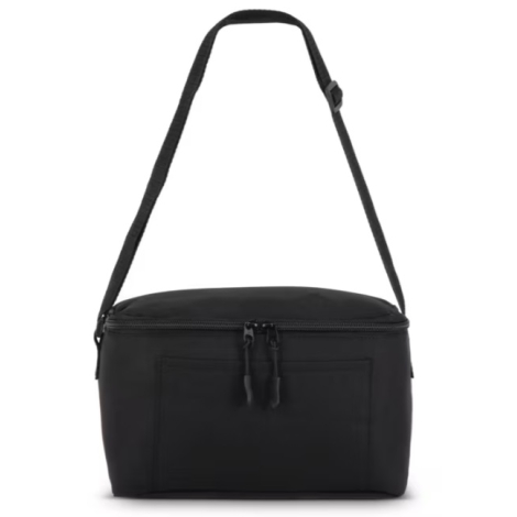 Sac isotherme présenté de face en coloris noir, sans personnalisation visible sur la poche avant.