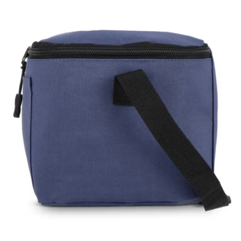 Sac isotherme présenté de profil en coloris bleu, mettant en évidence son épaisseur et sa bandoulière réglable.